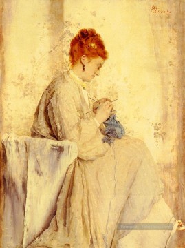 La Tricoteuse dame Peintre belge Alfred Stevens Peinture à l'huile
